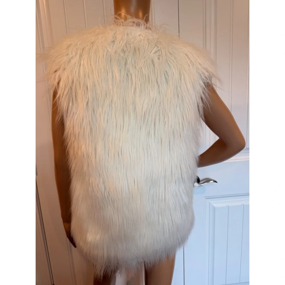 Sioni White Shaggy Faux Fur Vest Sleeveless Lined Jacket Womens Sm Festival Boho